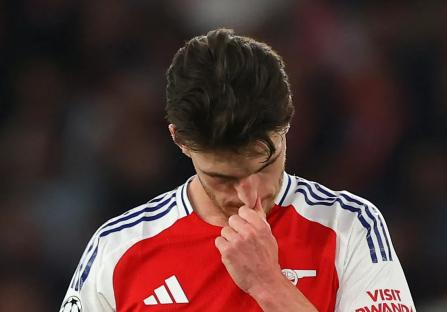 Declan Rice of Arsenal looking dejected during a soccer match.