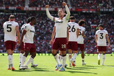 Jarrod Bowen of West Ham United celebrates a goal.
