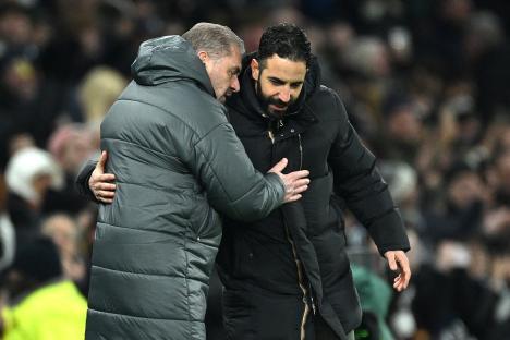 Ange Postecoglou and Ruben Amorim embracing after a Premier League match.
