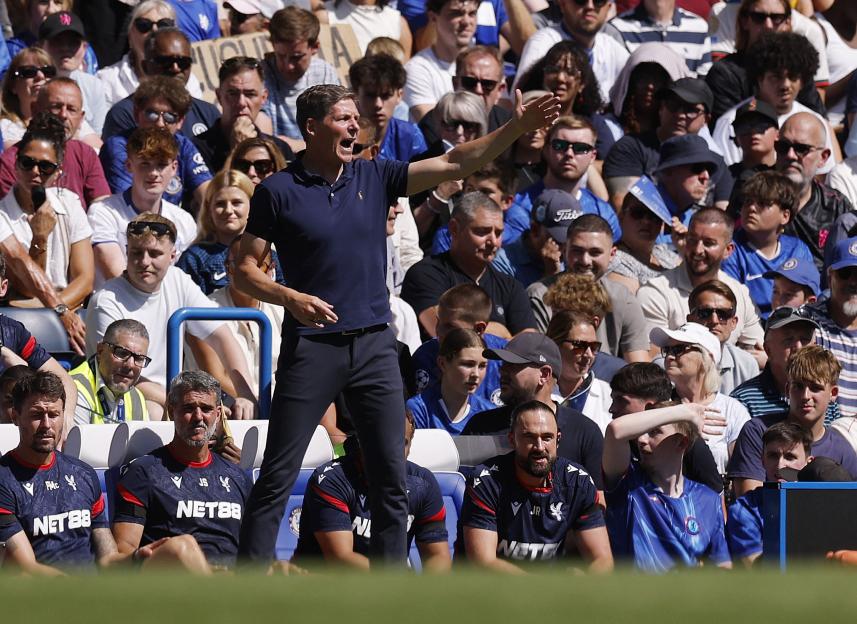 Oliver Glasner, Crystal Palace manager, reacts during a Premier League match.