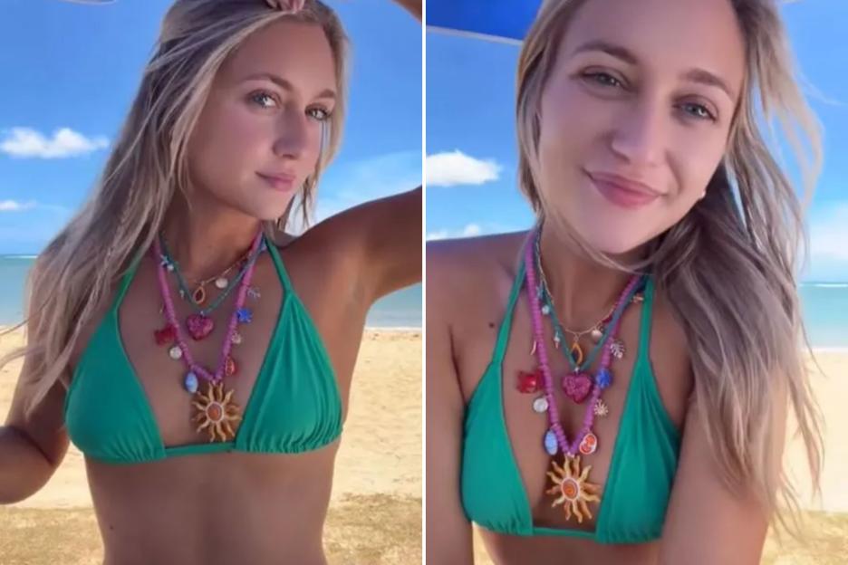An image collage containing 2 images, Image 1 shows Maggie Sajak in a green bikini on a beach, Image 2 shows Maggie Sajak in a green bikini on the beach