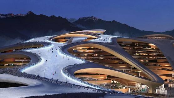 an artist 's impression of a futuristic ski resort with mountains in the background