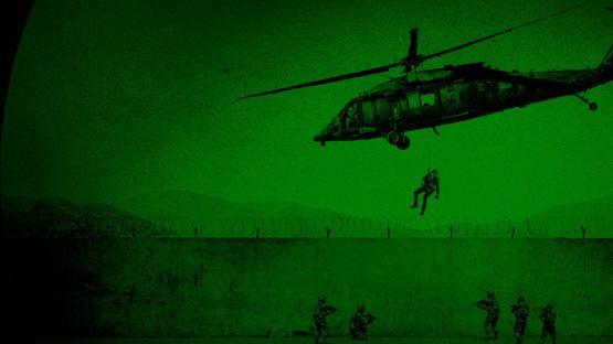 Illustration of a soldier rappelling from a helicopter during a nighttime raid.