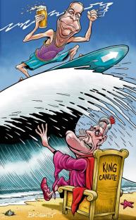 Illustration of a man surfing while holding a beer, overtaking another man sitting on a throne labeled