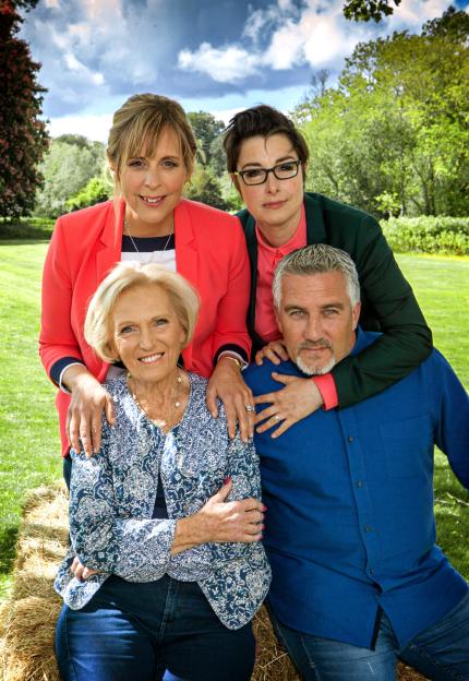 Group photo of Paul Hollywood, Sue Perkins, Mary Berry, and Mel Giedroyc.