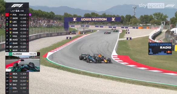 Formula 1 race broadcast showing lap 64 of 66, with several cars on the track and a leaderboard displayed.