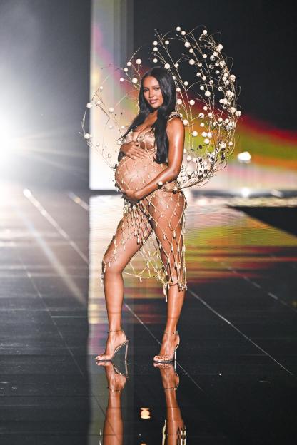 Jasmine Tookes walking the runway while pregnant at the Victoria's Secret Fashion Show.