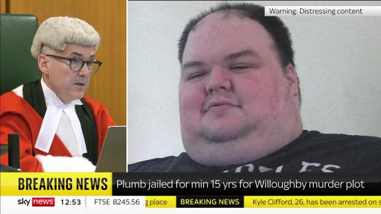 Screengrab of Sky News report on Gavin Plumb's sentencing for a murder plot against Holly Willoughby.