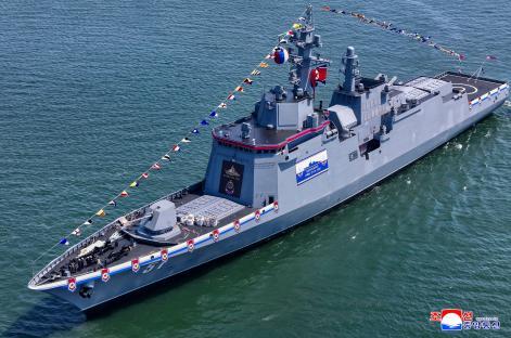 Aerial view of a North Korean destroyer at its launch ceremony.