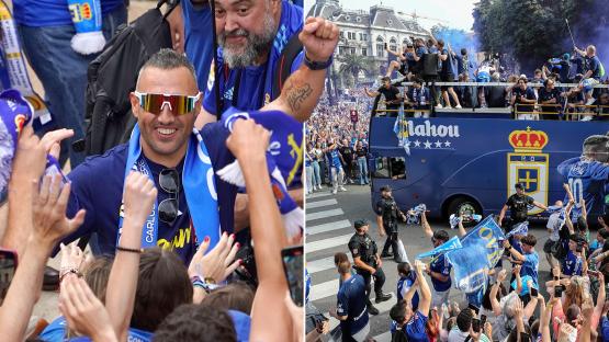 Arsenal legend Santi Cazorla leads celebrations at Oviedo’s incredible open-top bus parade as thousands line streets