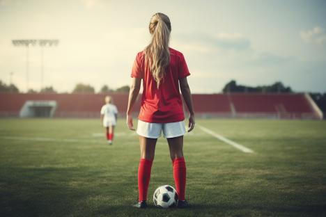 Female soccer player standing on a field with a soccer ball.
