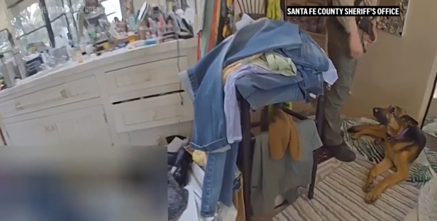 Police photo of a cluttered room with a German Shepherd.