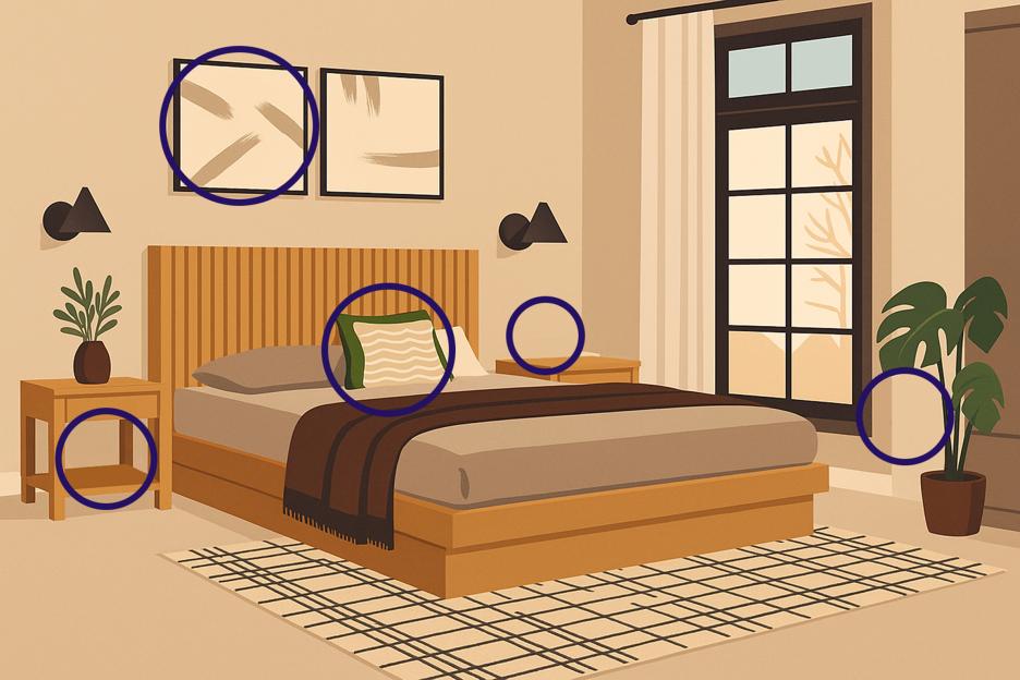 Illustration of a bedroom with five differences circled in blue for a spot the difference game.