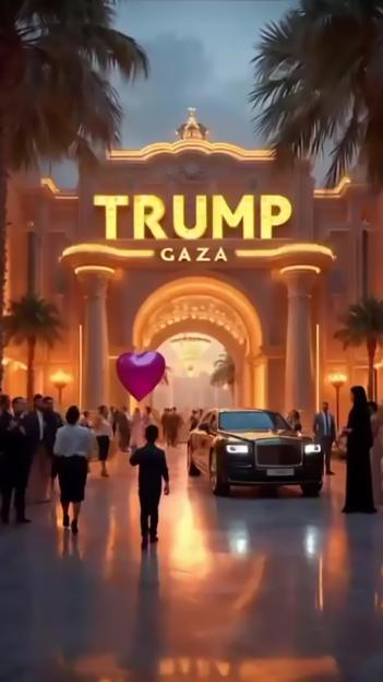 AI-generated image of a rebuilt Gaza with a "Trump Gaza" sign.