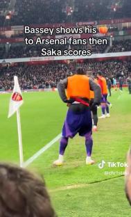 Calvin Bassey shows his buttocks to Arsenal fans before Bukayo Saka scores.