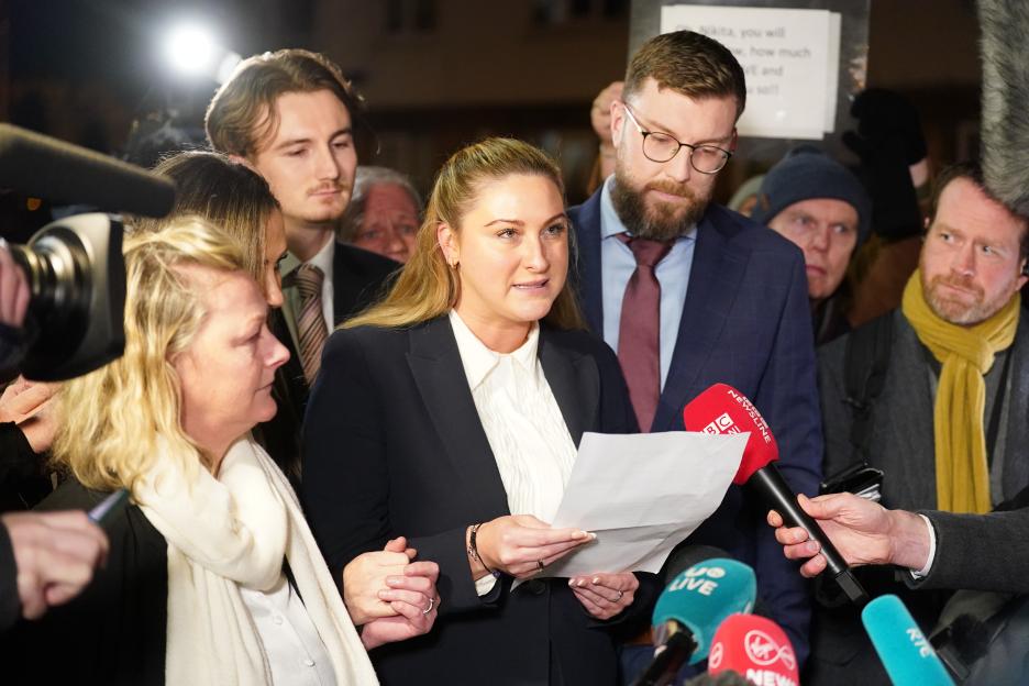 Nikita Hand, who is also known as Nikita Ni Laimhin, speaking to the media outside the High Court in Dublin after the personal injury case against Conor McGregor. Nikita Hand alleges she was raped by McGregor in a Dublin hotel in December 2018. After deliberating for six hours and 10 minutes, the jury returned with their verdicts in the civil trial against Conor McGregor. The total amount of damages awarded to Nikita Hand by the jury was 248,603.60 euro. Picture date: Friday November 22, 2024. PA Photo. See PA story IRISH McGregor. Photo credit should read: Brian Lawless/PA Wire