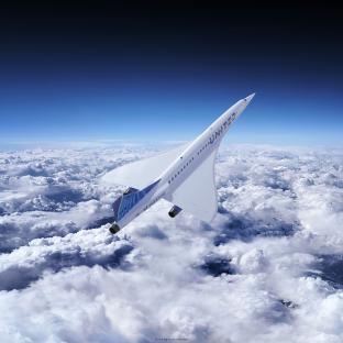 Conceptual rendering of a United Airlines Overture supersonic airliner flying above clouds.