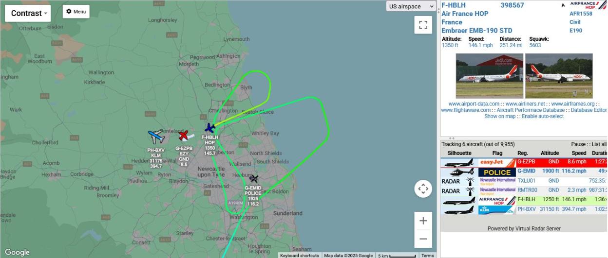 A screenshot of a flight radar map displaying flight information for an Air France HOP Embraer EMB-190 STD, showing its location, altitude, speed, and two images of the aircraft.