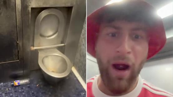 Moment baffled Man Utd fan gets trapped in toilet in Bilbao and is left soaked by self-cleaning system