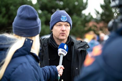 Brian Sorensen, Everton manager, being interviewed.