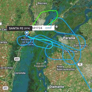 Map showing the flight path of Aerolineas Argentinas flight AR1724 around Sauce Viejo airport.