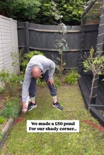 Man outlining a £50 pond in a garden.