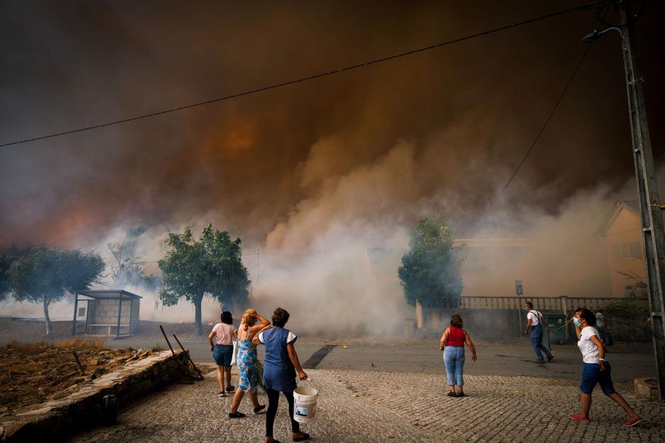 People attempting to fight a large forest fire.