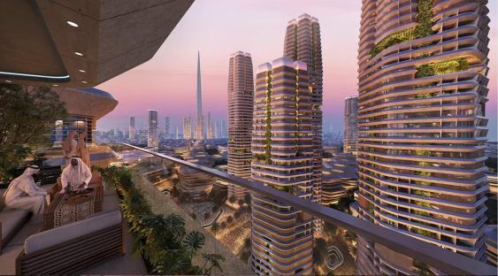 Illustration of the North Pole megaproject in Riyadh, Saudi Arabia, featuring modern skyscrapers and a rooftop terrace.