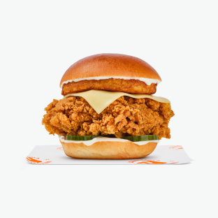 Crispy chicken sandwich with cheese and hash brown.
