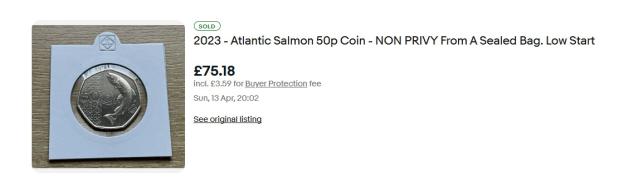 2023 Atlantic Salmon 50p coin in protective case.