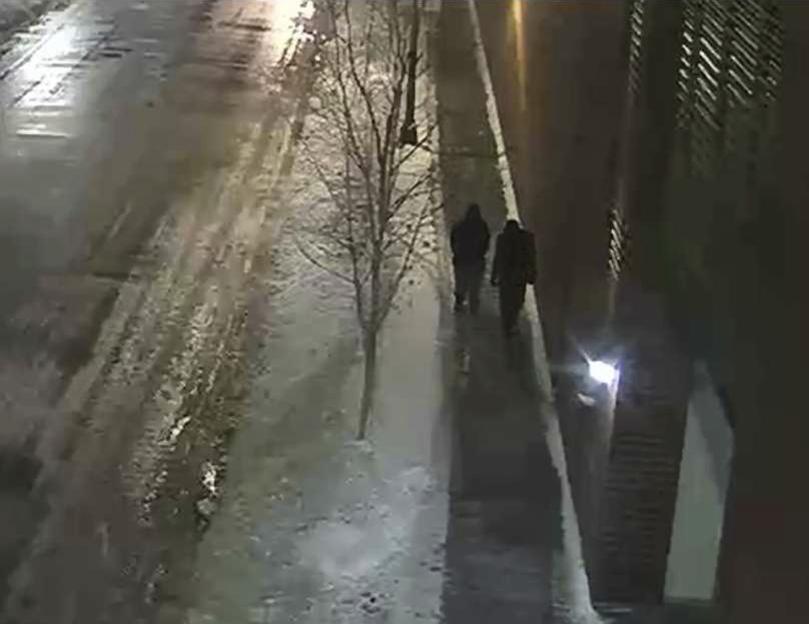 Surveillance video still image of two people walking down a snowy street at night.