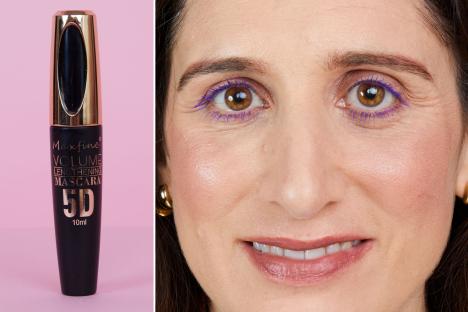An image collage containing 2 images, Image 1 shows Maxfine 5D Volume Lengthening Mascara, Image 2 shows Portrait of Claire Coleman, a beauty writer, wearing purple mascara