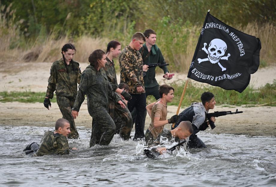 Don Cossack Cadet School students undergoing military training in water.