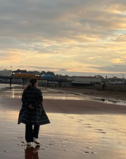 Person walking on a beach at sunset.