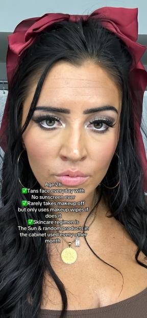 Close-up of a woman's face at age 26, with text overlay detailing her daily skincare routine.