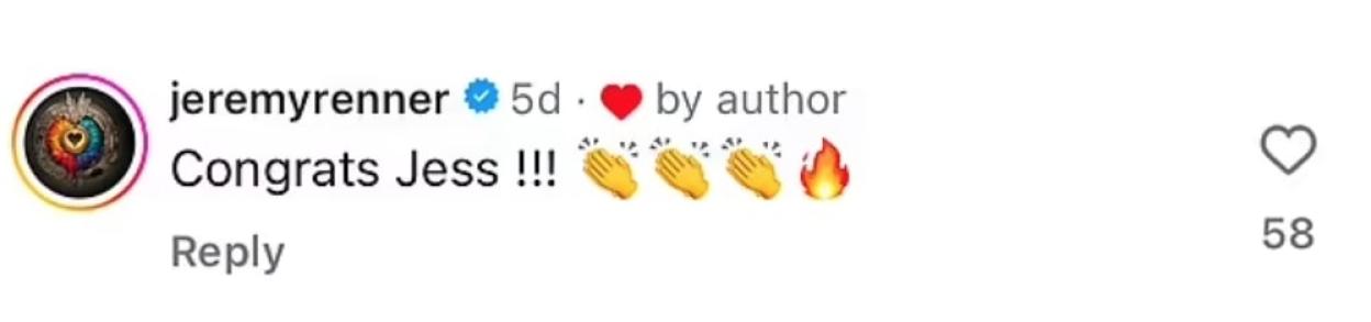 Screenshot of Jeremy Renner's Instagram comment congratulating Jessica Simpson.