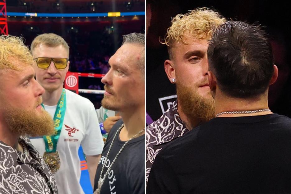 Tense moment Jake Paul squares up to Oleksandr Usyk in ring after heavyweight champion’s win over Daniel Dubois