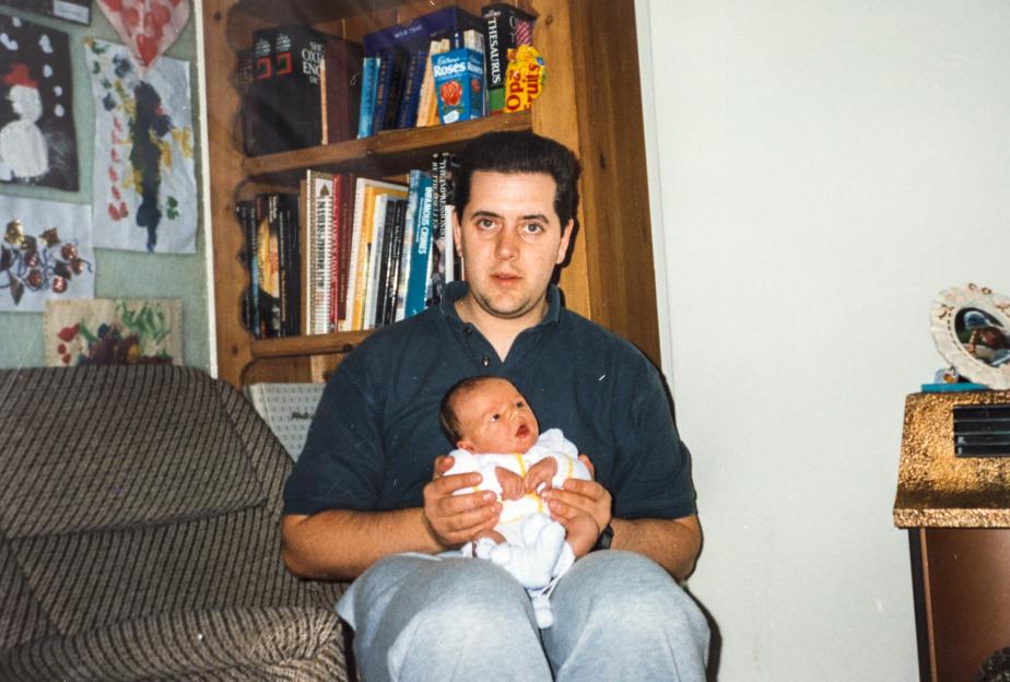 Kevin Gosden holding his son Andrew Gosden as a baby.