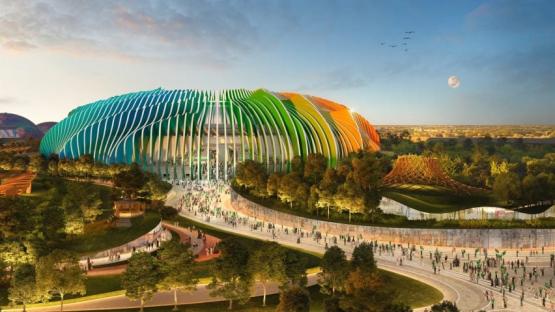 Illustration of a stadium with colorful, wave-like exterior surrounded by landscaping and people.