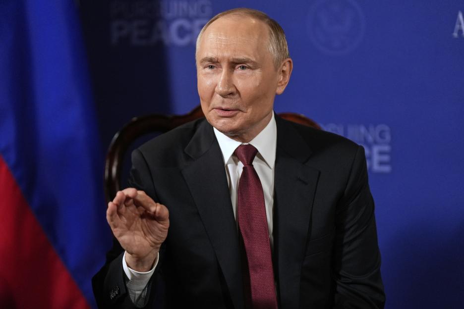 Russia's President Vladimir Putin speaks during a meeting with President Donald Trump Friday, Aug. 15, 2025, at Joint Base Elmendorf-Richardson, Alaska. (AP Photo/Julia Demaree Nikhinson)