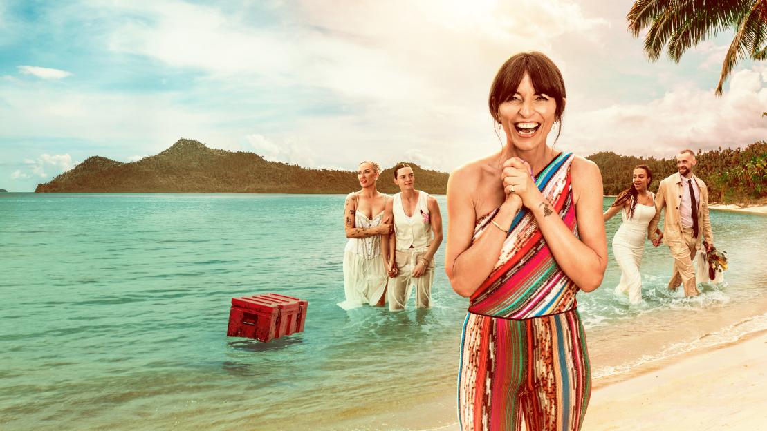 A woman joyfully watches three couples arrive on a tropical beach.