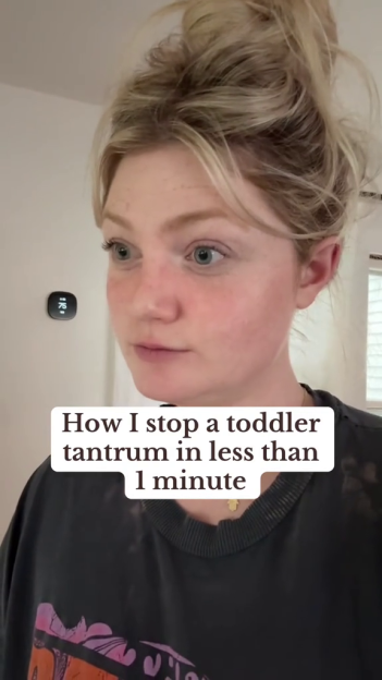 Woman describing how to stop a toddler tantrum in under a minute.