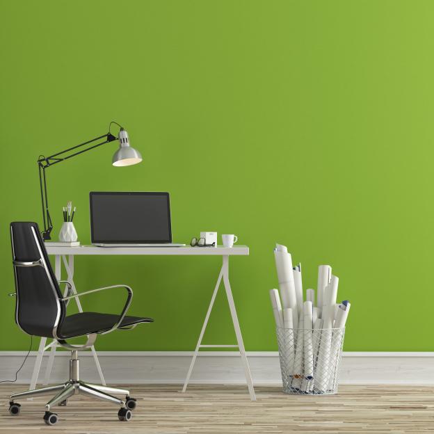 3D illustration of a modern home office with a white desk, black chair, and green wall.