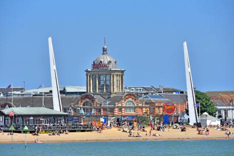 Southend-on-Sea beach with the Kursaal amusement park in the background.