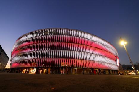 San Mames Stadium in Bilbao, Spain at night.
