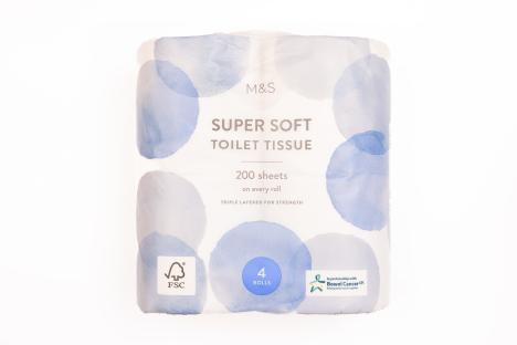 Four rolls of M&S Super Soft toilet tissue.