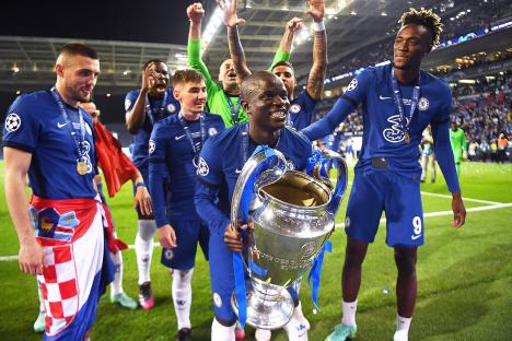 Chelsea FC players celebrating their UEFA Champions League victory.