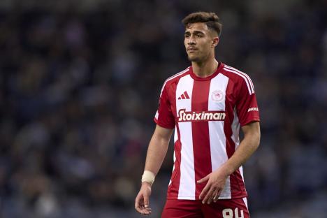 Charalampos Kostoulas of Olympiacos El Pireo looks on during the UEFA Europa League match between FC Porto and Olympiacos El Pireo at Estadio Do Dragao in Porto, Portugal, on January 23, 2025. (Photo by Jose Manuel Alvarez Rey/JAR Sport Images/NurPhoto via Getty Images)