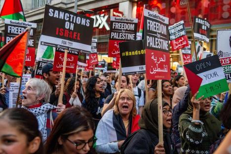 London demonstration protesting Israel's retaliatory strikes.