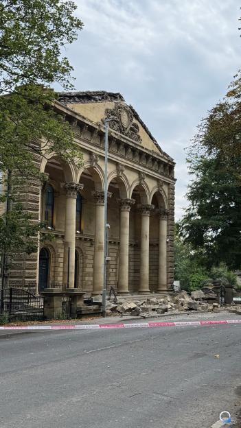 Collapsed building facade in Cleckheaton.